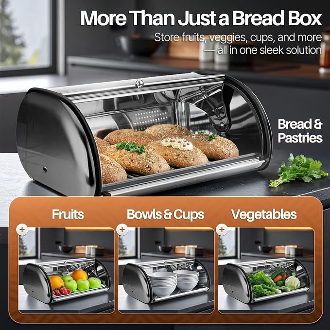 Flexzion Stainless Steel Bread Box, 13-Inch Bread Bin for Countertop | Large Bread Storage Container for Loaves, Bagels, Pastries, and Snacks; 13.38 x 9 x 2.8 Inches