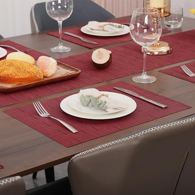 Myir JUN Placemats Set of 6 Kitchen and Dining Table Placemats | Vinyl Placemats Place Mats Indoor/Outdoor Set of 6 Washable Table Mats Non-Slip Place mats for Dining Table, Red