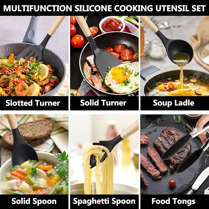 Caboh Silicone Kitchen Utensil Set 12 PCS – Heat Resistant Cooking Tools with Spatula, Serving Spoon, Tongs, Whisk & Holder, Nonstick Safe BPA-Free Kitchen Accessories Set (Black)