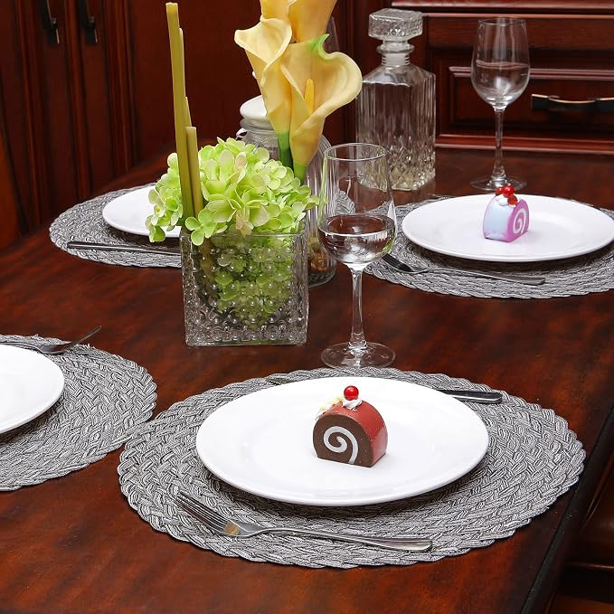 Topotdor Round Placemats Heat-Resistant Stain Resistant Anti-Skid Washable Polyproplene Table Mats Placemats (Braided-Gray, Set of 4)