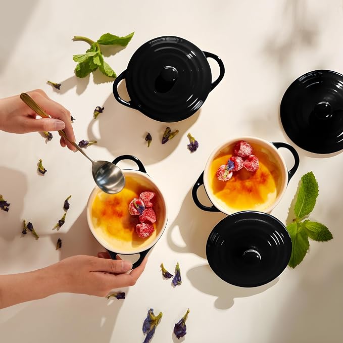 Kook Ceramic Mini Cocotte Set, Small Casserole Dishes with Lids and Handles, Individual Baking Ramekins, Oven safe 350F, Microwave & Dishwasher Safe, Stoneware, 12 oz, Set of 4, (Black)