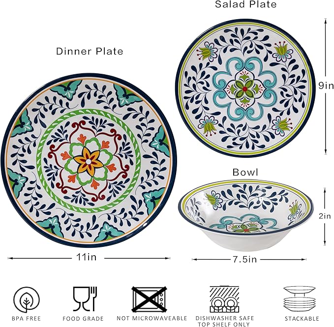 12 pcs Talavera Melamine Dinnerware Set, Service for 4 Melamine Plates and Bowls Set, Unbreakable Dishes Dinnerware Set, Great for RVs, Camping, BPA Free and Dishwasher Safe