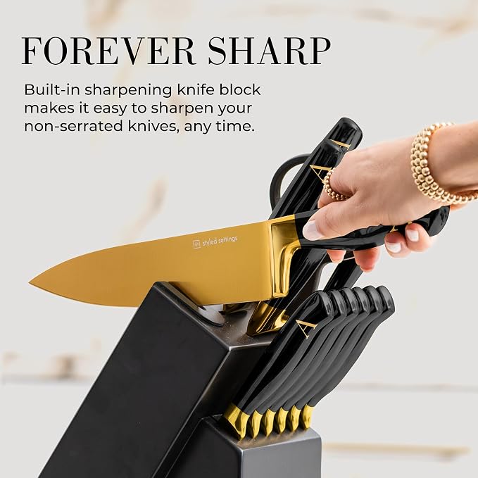 Personalized Black and Gold Knife Set with Block and Sharpener, 14-Piece | Custom Engraved Titanium-Coated Gold Knives - Full Tang, Stainless Steel, Ergonomic, Gift-Ready