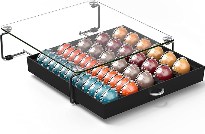 Deco Brothers Tempered Glass Vertuo Pod Holder, Fits 30 Large/60 Small Pods | Compatible with Nespresso Capsule, Black