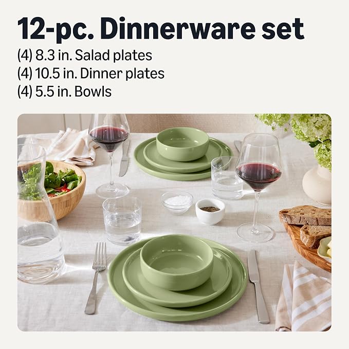 Amazon Basics Glazed Stoneware Dinnerware, 12-Piece Set, 4 Full Place Settings, Microwave and Dishwasher-Safe, Olive