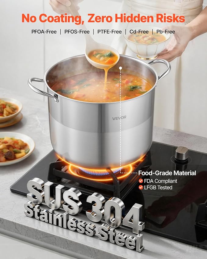 VEVOR Stainless Steel Stock Pot, 16QT Stainless Steel Stockpot with Glass Lid, PFOA-Free, PFAS-Free, Compatible with Gas Stoves, Induction Cooktops, Electric Stoves, for Soups, Stews, and Pasta