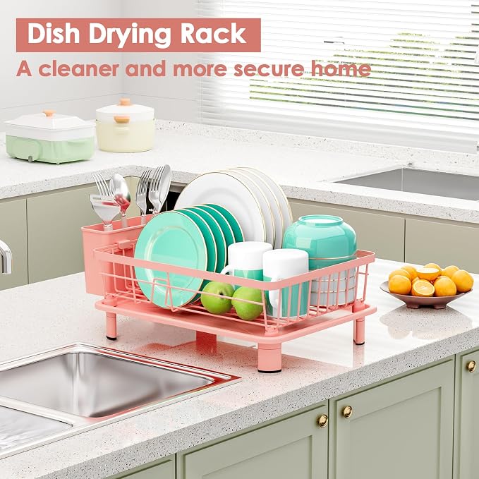 Dish Drying Rack, Stainless Steel-Dish Rack, Dish Racks for Kitchen Counter, Kitchen Dish Drainers with Removable Utensil Holder,New Drain Outlet,Plate Rack and Drainboard,(Pink-11 W x 15" L)