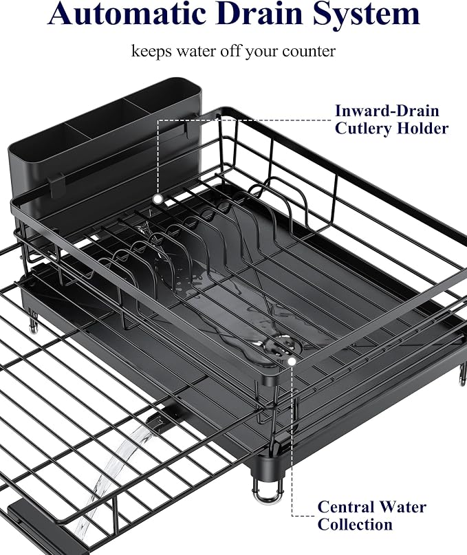 Kitsure Adjustable Dish Drying Rack, 15.6''-25.2''L × 16.9''W, Black | Large Dish Drying Rack, Rust-Resistant Dish Racks for Kitchen Counter, With Adjustable Support Legs, Cutlery Holder