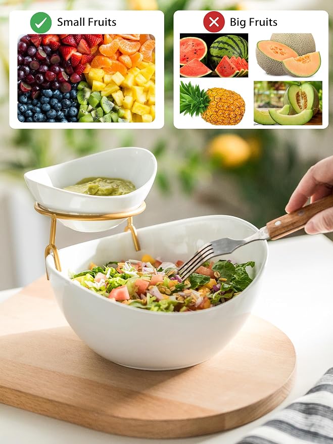 YHOSSEUN Chip and Dip Serving Set 2 Tiered Chip Dip Bowls with Metal Rack | Large Chip Bowl 45 oz for Appetizer, Snacks, Small Dip Bowl 7 oz for Sauce, Serving Bowls for Party, Food Dispaly, Gold Stand