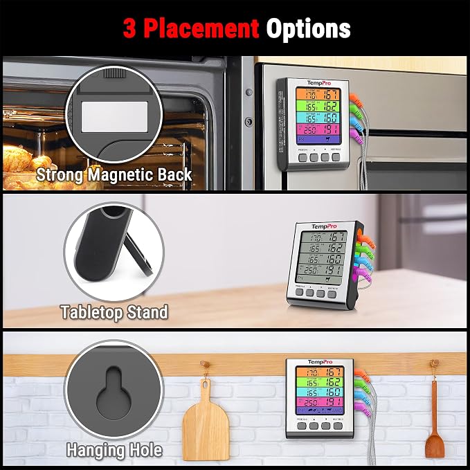 TempPro TempTrack Digital Meat Thermometer with 4 Temperature Probes | HI/Low Alarm Smoker Food Thermometer with Colored Backlit LCD, BBQ Thermometer for Cooking Grill Kitchen Oven