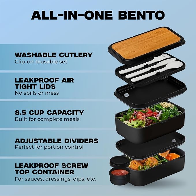 67oz Bento Box Adult, Leak-Proof, Stackable, Meal Prep, Black | 67 oz Capacity, Stackable Containers, Leak-Proof Design, Includes Dividers, Great for Meal Prep, Office Lunchbox