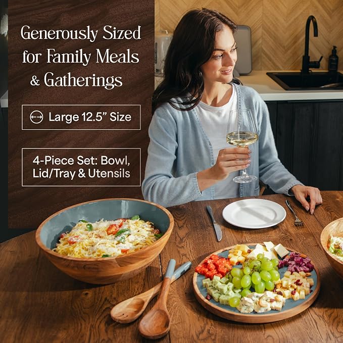 Large Wooden Salad Bowl Set 12.5 Inch with Serving Utensils, Tray Lid and Carry Strap. Acacia Wood Large Salad Bowls Ideal for Fruits and Dishes, Wooden Bowls for Food, Serving and Fruit Bowl