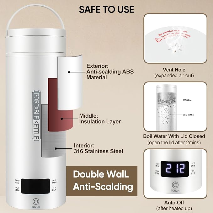 Travel Portable Electric Tea Kettle, Water Boiler,15oz,316 Stainless Steel | Small Coffee Heater, Fast Boiling Water, Auto Shut-off, Boil Dry Protection, 4 Temp Settings, Hotel,RV White