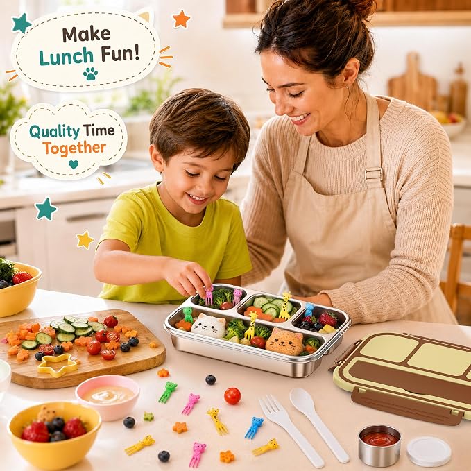 Stainless Steel Bento Lunch Box for Kids Adult, Metal Lunch Box Containers for Boys Girls School, 4 Compartment Leak Proof Lunch Containers with Sauce Cup, Fork and Spoon & Fruit Picks, Brown