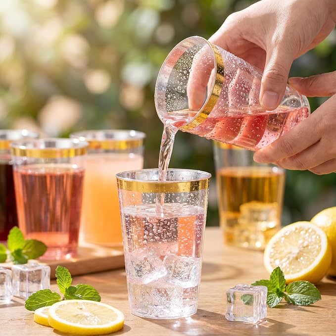 I00000 200 Pack Gold Plastic Cups, 10 oz Clear Plastic Cups Gold Rimmed Disposable Wine Glasses Fancy Disposable Party Cups Wedding Cup Drinking Tumblers Cocktail Glasses with Gold Rim