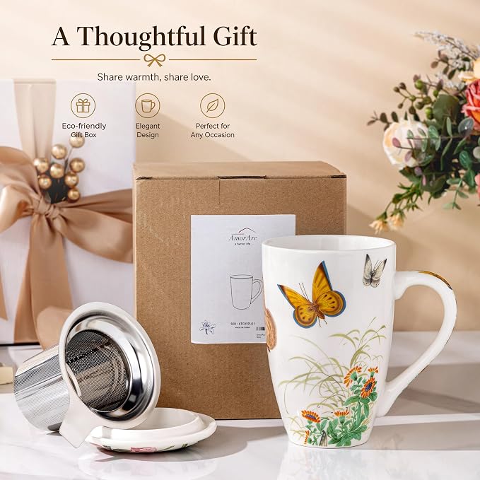 AmorArc Tea Cup With Infuser and Lid, 18oz Loose Leaf Tea Mug With Steeper | Porcelain Tea Mug With Infuser and Lid, Strainer Tea Cup for Tea Lovers, Home & Office, Housewarming Birthday Gift