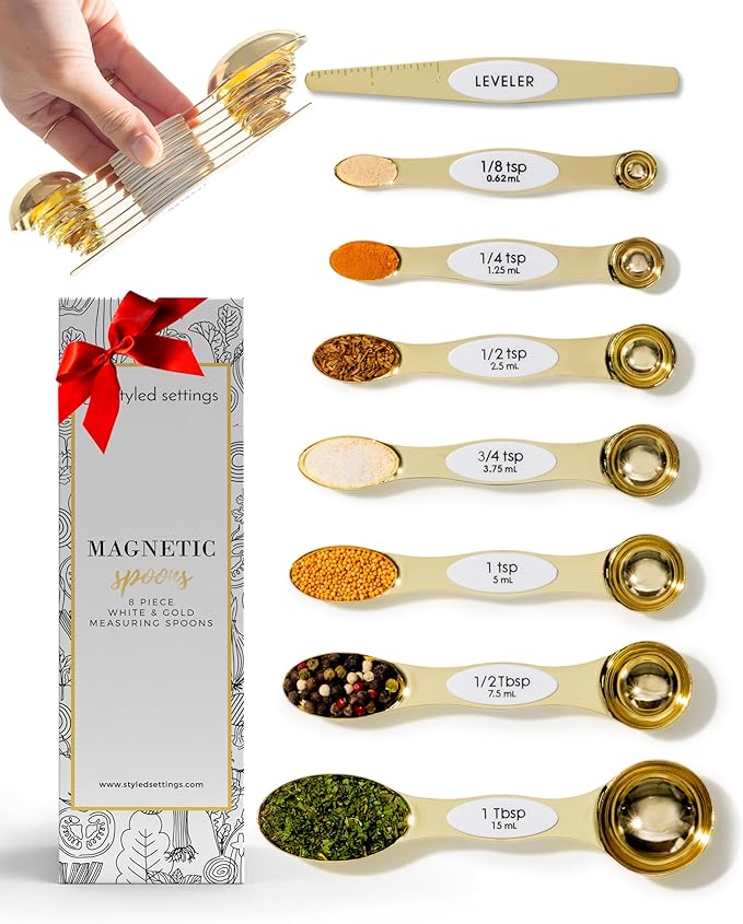 Styled Settings White and Gold Magnetic Measuring Spoons, 8-Piece | Stainless Steel Double Sided Measuring Spoons for Cooking and Baking - White and Gold Kitchen Accessories, Ideal for Gifting