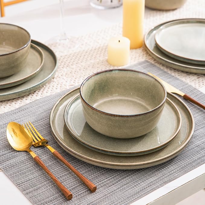 AmorArc Stoneware Dinnerware Sets for 4, 12Pcs Plates and Bowls Sets Dishes | Ceramic Round Reactive Glaze Dishes Set, Highly Scratch Resistant | Dishwasher & Microwave Safe Dishware
