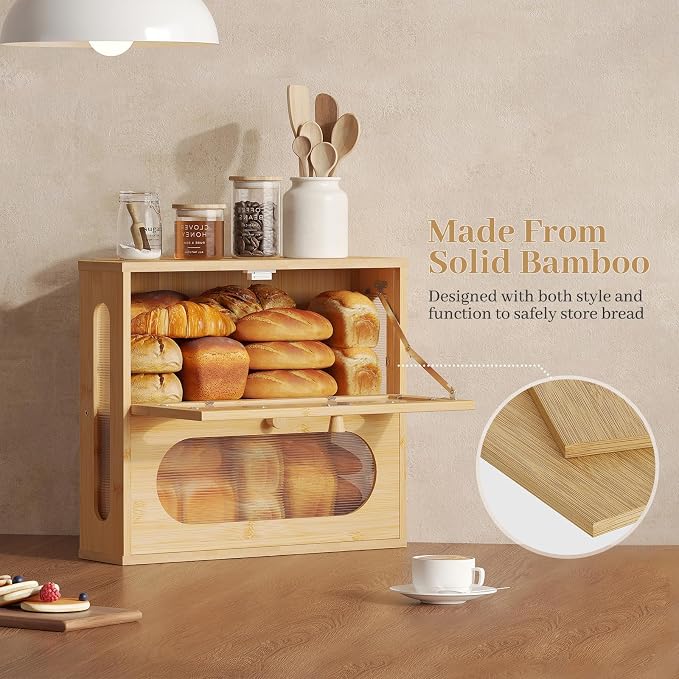 Corner Bread Box for Kitchen Countertop, 2026 New Double Layer Bamboo Bread Storage Bin, Large Bread Container for homemade bread (Natural)
