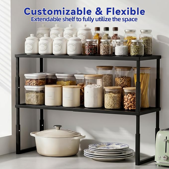 2 Packs Expandable Cabinet Shelf Organizer, Stackable Countertop Shelves | 15.8''- 25.5'' In Cabinet Shelf, Adjustable Kitchen Cabinet Organizer for Pantry Organizer, CupBoard Organizers and Storage