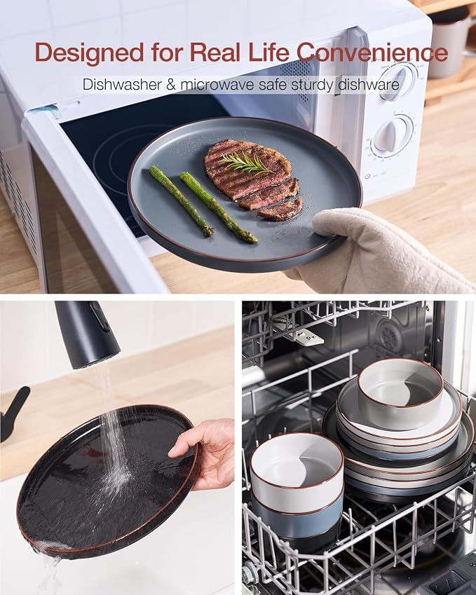Famiware Nebula Ridge 12-Piece Stoneware Dinnerware Set, Multi-color | Plates and Bowls for 4, Warm Hand-Painted Rims, Microwave and Dishwasher Safe, Daily Essentials