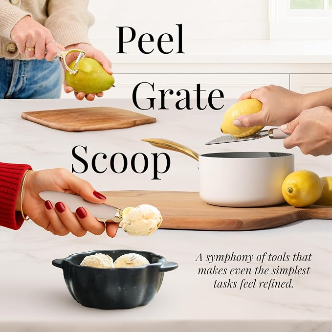 Styled Settings Beige and Gold Kitchen Utensils Set, 8-Piece | Silicone, 8 PC Cooking Gadgets with Mini Gold, Pizza Cutter, Garlic Press, Cheese Grater, Peeler