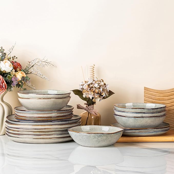 GBHOME Stoneware Dinnerware Sets for 6,18 Piece Rustic Plates and Bowls Set | Earthenware Handmade Reactive Glaze Plate Sets, Chip Resistant Ceramic Dishes, Microwave & Dishwasher Safe, Wheat Green