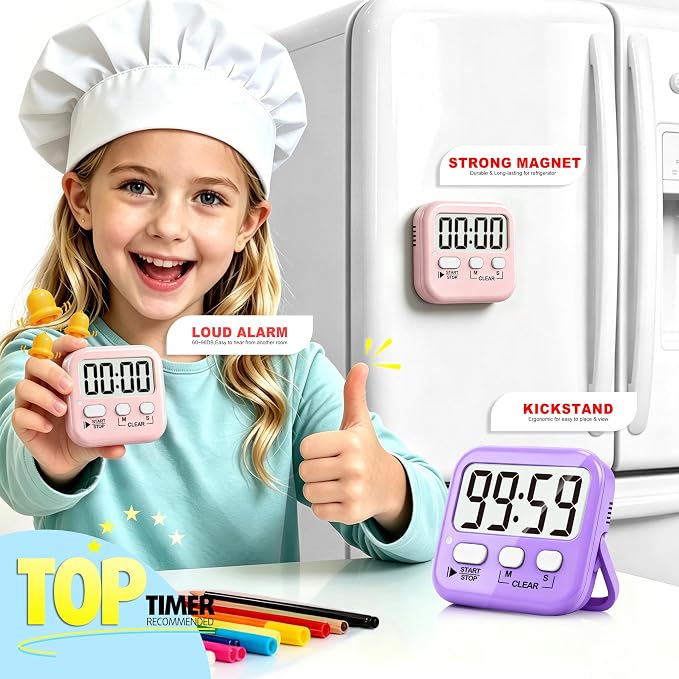 2 Pack Digital Timer for Kids Classroom Kitchen Timers for Cooking | w/ Battery, Easy to View, Alarm, Mute Mode, Count Down/Up, Magnetic, Kickstand, Hanging, Classroom Timer for Teacher Supplies
