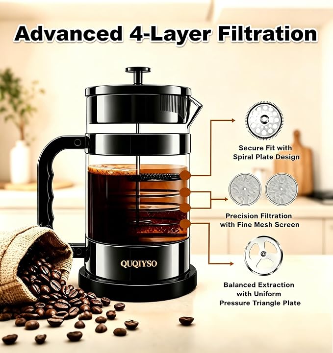 QUQIYSO French Press Coffee Maker 34oz, Thickened Glass Coffee French Press | Stainless Steel Coffee Press, 4 Filter Easy to Clean, Cold Brew Coffee Maker, Suitable for Kitchen Party Gifts(Dark Pewter)