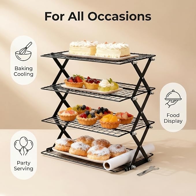 4-Tier Collapsible Cooling Rack for Baking, 3-Setting Adjustable Stackable Cookie Rack, Durable Nonstick Space-Saving Stand for Cooking, Roasting, Drying, Grilling, Cottage Bakery | Collapsible & Stackable
