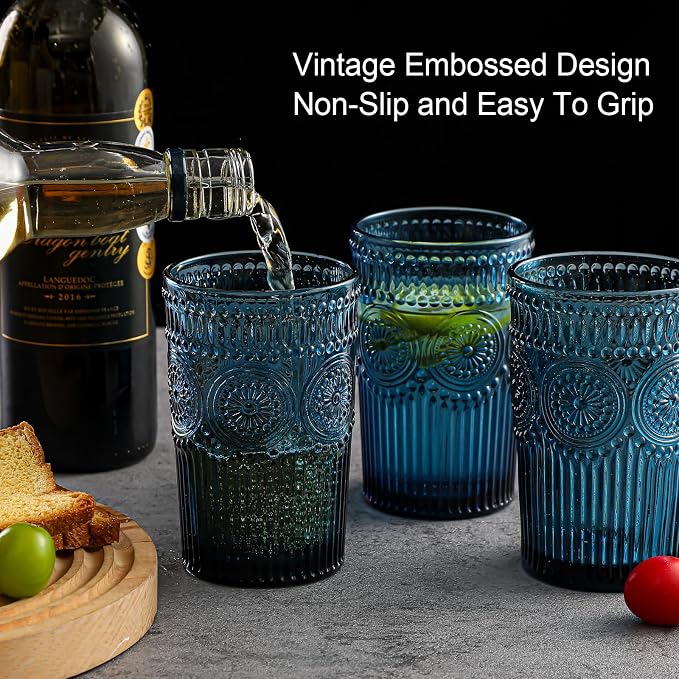 ZMOWIPDL Drinking Glasses Set of 6,13oz Flower Design Blue Glass Cups | Vintage Glassware,Textured Tumblers,Embossed Striped Drinkware for Water,Cocktails,Juice,Iced Coffee