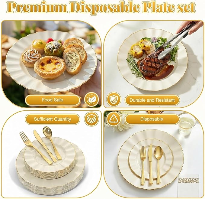 Glowserve 175 Piece Disposable Plastic Plates Dinnerware Set for 25 Guests | 50 Plastic Plates,25 Silverware Set,25 Cups and Napkins,Wedding Birthday,Family Party,Fancy Plastic Plates