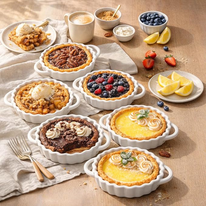6in Ceramic Mini Pie Pan Set of 6 with Handles for Pie Quiche Tart. Easy to grip, Lead-Free. 10 oz Ramekins Dish for Creme Brulee, Soufflés; Gifts for Baking Enthusiast. Oven Dishwasher Safe