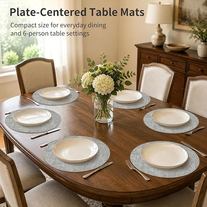 Maxpearl Faux Leather Round Placemats Set of 6, 13.8 inch, Grey | Waterproof, Heat Resistant, Non Slip, Wipe Clean Dining Table Place Mats, Suitable for Indoor & Outdoor Use, Table Settings