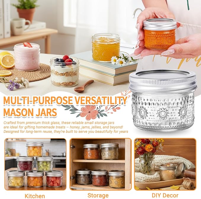 4 oz Small Embossed Mason Jars 24-Pack with Airtight Lids, Leakproof | Mini Canning Jars, Reusable, for Jam/Jelly/Honey, Spices, DIY Candles, Wedding Favors & Gift Packaging
