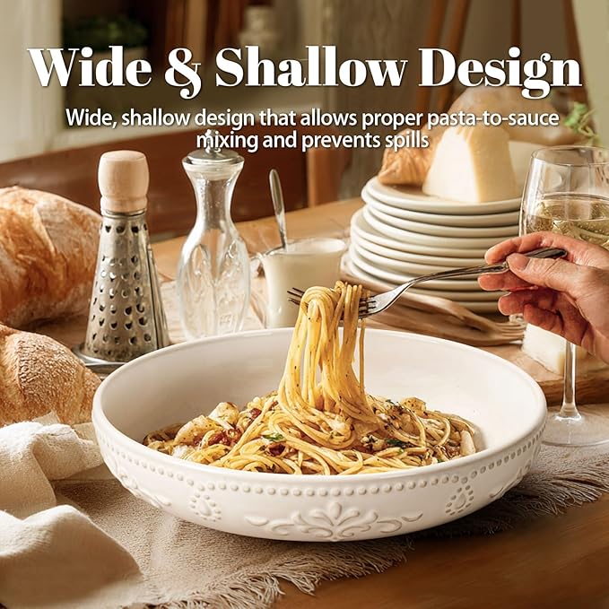 Pasta Bowls, 50oz Large Salad Serving Bowls, 9.75'' Plates Bowls Set of 4, Big White Ceramic Soup Bowls for Kitchen, Embossment Shallow Dinner Bowl, Microwave Dishwasher Safe, Multiple Patterns