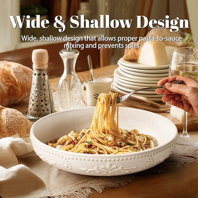 Pasta Bowls, 50oz Large Salad Serving Bowls, 9.75'' Plates Bowl Set of 4, Big White Ceramic Soup Bowl for Kitchen, Embossment Shallow Dinner Bowl, Microwave Dishwasher Safe, Damask Floral