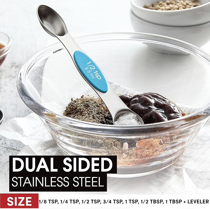 Spring Chef Stainless Steel 8 Magnetic Measuring Spoons for Kitchen, Teal | Dual Sided Metal Teaspoon & Tablespoon Measuring Spoons with Leveler for Dry & Liquid Ingredients, Stackable, Dishwasher Safe