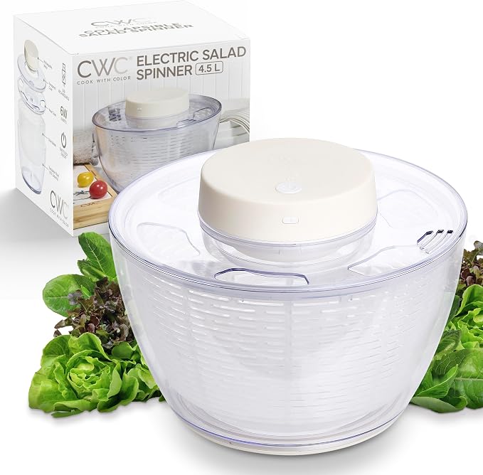 COOK WITH COLOR Electric Salad Spinner, Round 4.5L Capacity – Fast Drying & Easy Spin for Fresh Greens, Cream