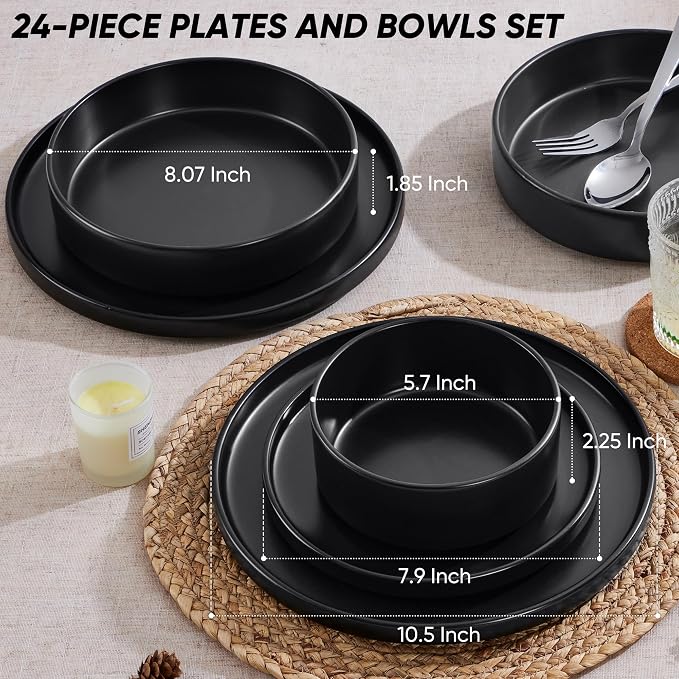 E-far Black Dinnerware Sets with Pasta Bowls, 24-Piece, Matte Black | Stoneware Plates and Bowls Sets for 6, Chip and Scratch Resistant, Microwave & Dishwasher Safe Kitchen Modern Dish Set