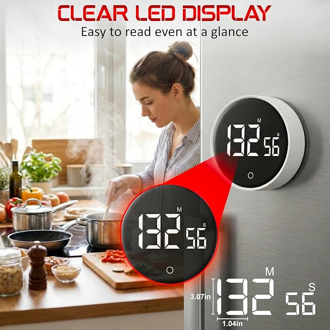 Digital Kitchen Timer with Large LED Display & Pomodoro Countdown | Magnetic rotary twist dial timer with non-slip design, back stand, ideal for cooking, classroom, study, ADHD & productivity.