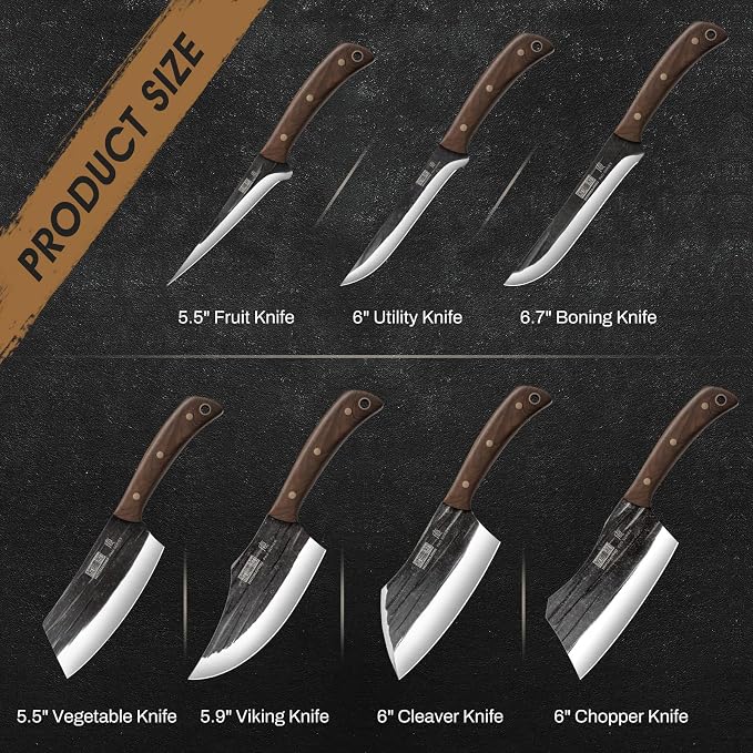 HOSHANHO Butcher Knife Set, Sharp Kitchen Knife Set & Roll Bag Gift for Men | Hand Forged 8PCS Butcher Chef Knife Set with Meat Cleaver Knife & Bone Chopper Knives & Fillet Knives for Home, Camping, BBQ