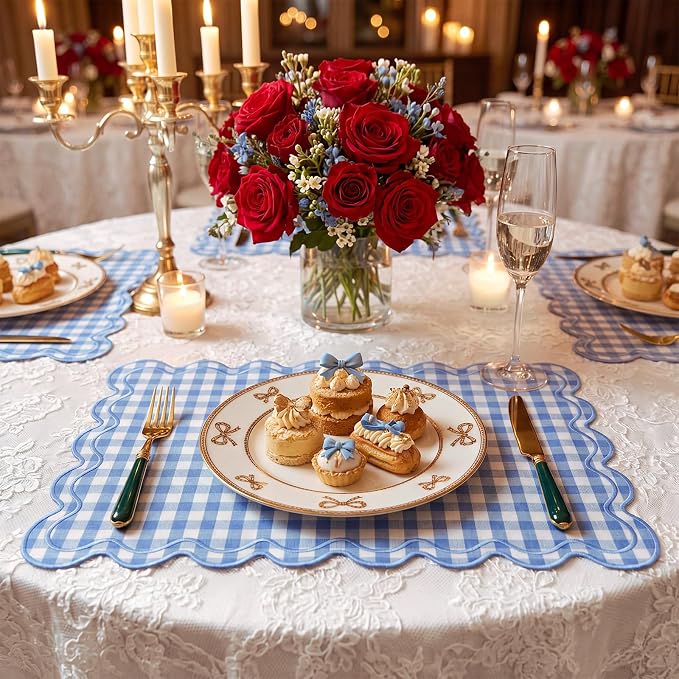Linen Placemats Set of 12 Scalloped Placemat 13 X19 Wavy Embroidery Double Layered Washable Farmhouse Dinner Fabric Table Mat Napkin for Wedding Party Restaurant(Plaid,Sky Blue)