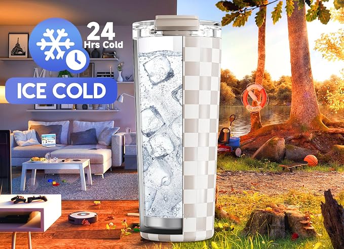Meoky 24 oz Insulated Travel Coffee Mug: Leak Proof Lid, Checkmate | Stainless Steel Coffee Tumbler, Keeps Hot for 8 Hours or Cold for 24 Hours, Fits in Car Cup Holder, BPA Free
