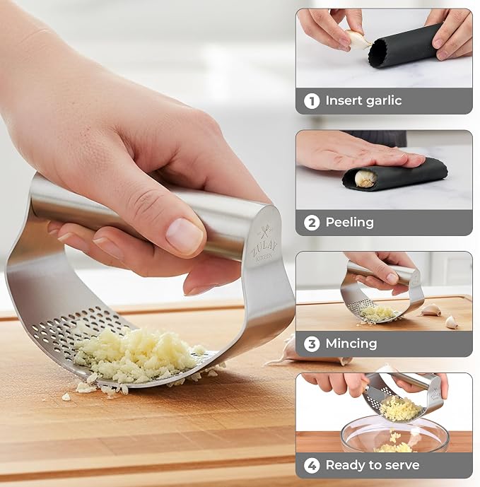 Zulay Kitchen Stainless Steel Garlic Press Rocker Set - Time Saving, Durable Strong Garlic Mincer Tool - Easy to Use & Clean Garlic Crusher Set with Peeler and Scraper Kitchen Gadget Smasher