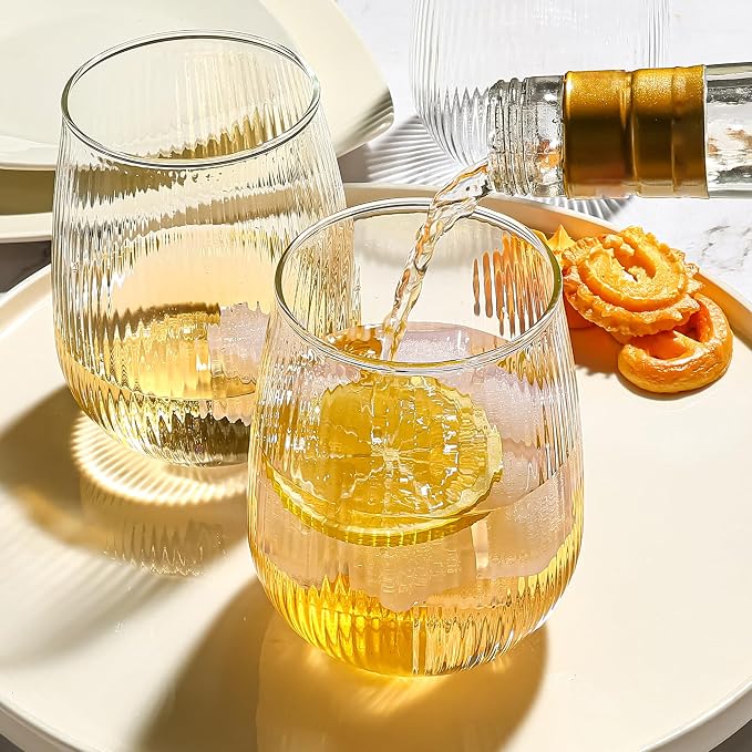 UMEIED 12 Pack Textured Glass Cups, 16oz, 490ml | Elegant Vertical Ribs, Flat Base, Ideal for Serving Drinks at Parties and Gatherings