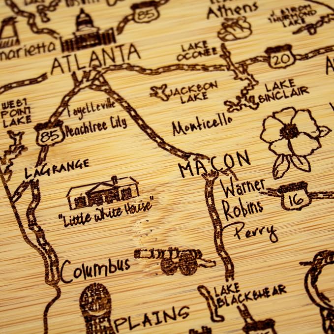 Totally Bamboo A Slice of Life Georgia Engraved Map Cutting Board | 11” x 8.75” charcuterie board with engraved state map artwork. Smooth reverse side for food prep. Hang tie for wall display.