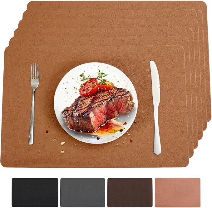 Light Brown Vinyl Placemats Set of 6 Waterproof Wipeable Table Mat | Heat Resistant Easy Clean Place Mats Faux Leather Table Mats Washable PVC Table Placemats for Dining Table
