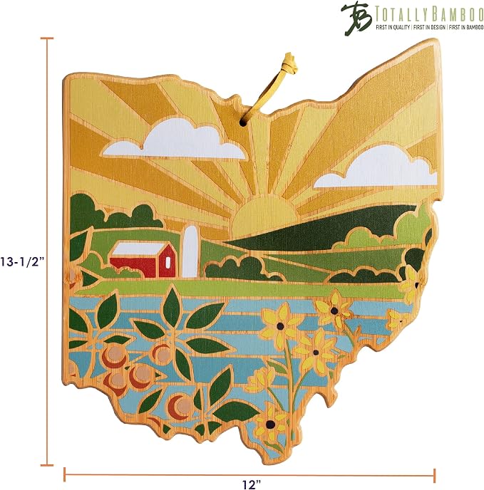 Totally Bamboo Ohio State Shaped Cutting Board, Summer Stokes Art | State charcuterie board with colorful hand-drawn landscape art. Smooth reverse side for food prep. Hang tie for wall display.