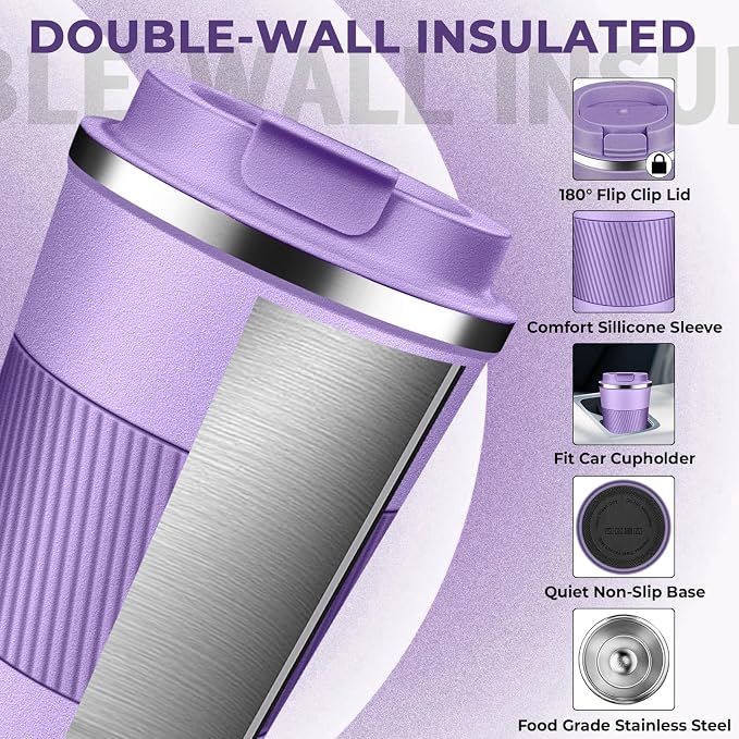 Insulated Coffee Tumbler 12 oz, Stainless Steel Coffee Mug with Lids, Travel Coffee Mug Leak Proof, Double Wall Vacuum Insulated Reusable Coffee Cup, Keep Drinks Hot and Cold (Lavender, 12 Ounces)